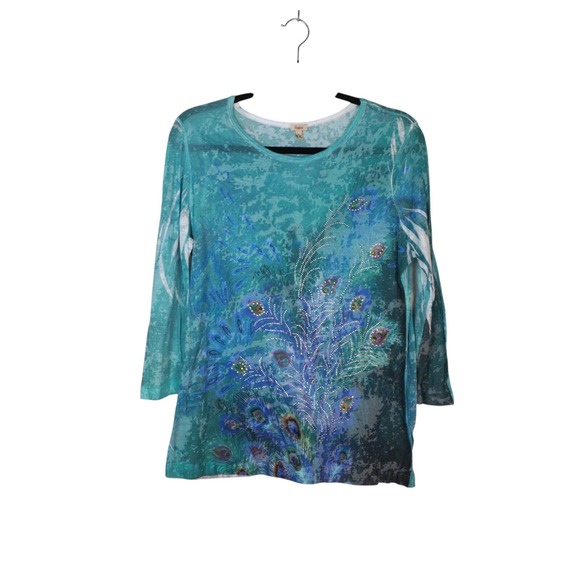 Vintage 90s Womens Reba Long Sleeve Beaded Peacock Feather Top Size L‎ Lorelei - Picture 1 of 5
